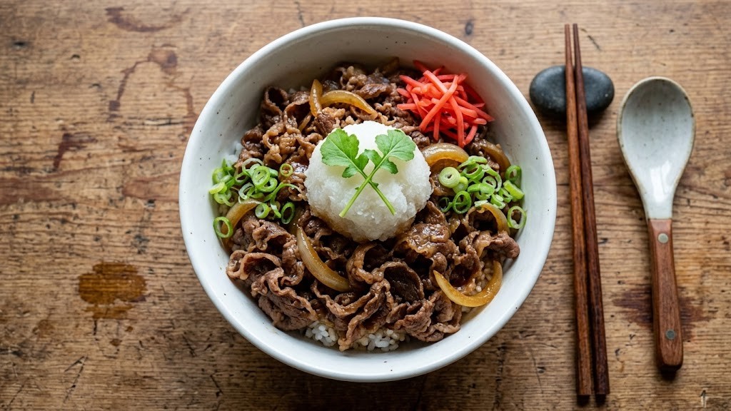 Soma's Gyūdon (Beef Bowl) plated and ready to serve