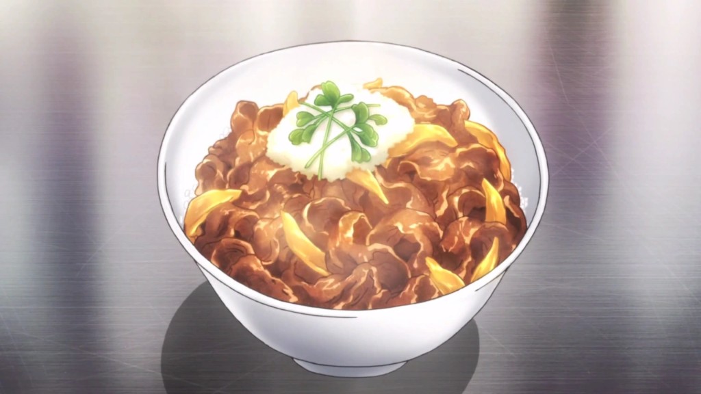 Scene from Food Wars! (Shokugeki no Soma) featuring Soma's Gyūdon (Beef Bowl)